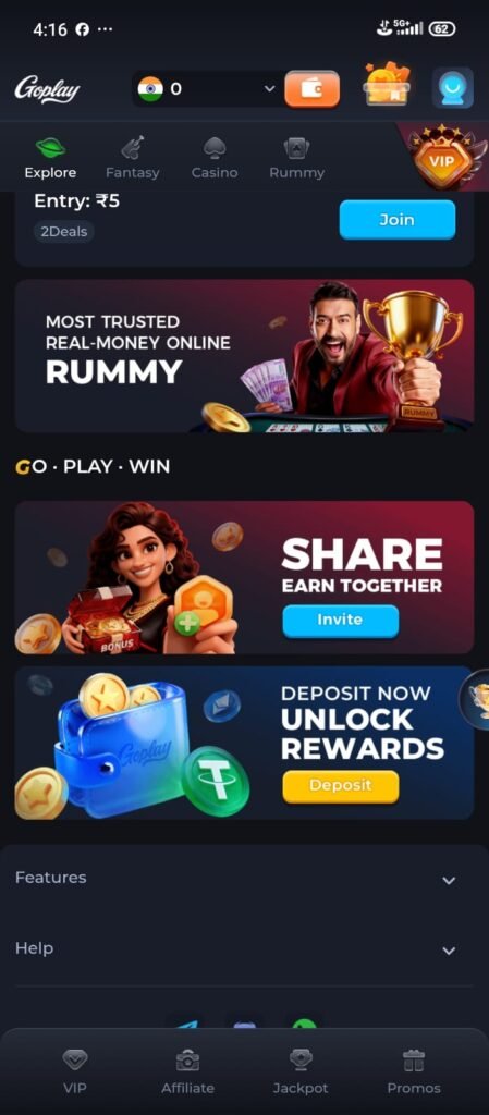 GoPlay11 fantasy gaming app interface showing team selection, sports icons, and reward coins